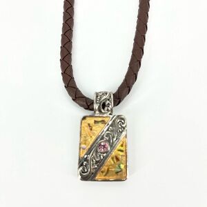 Vintage Brighton Pendant Necklace Leather Braided Chain Silver Scroll Pink Stone